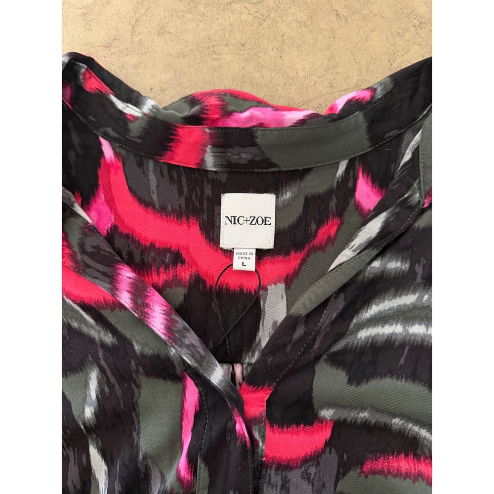 NIC+ZOE Womens Abstract Print Button Down Blouse Pink Olive Green Size Large - Picture 5 of 10
